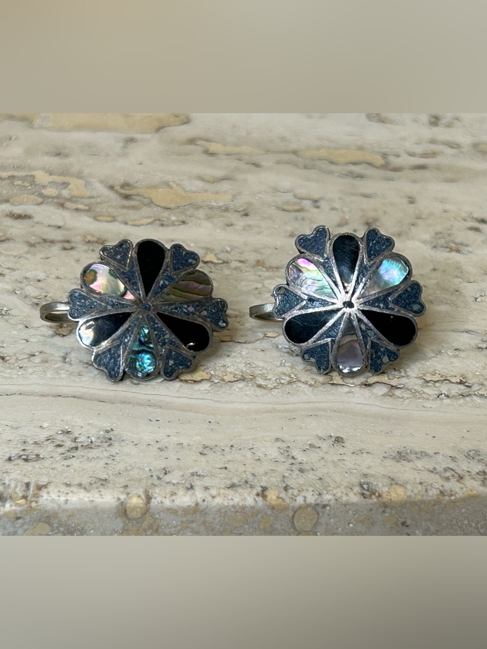 Silver Floral Abalone Inlay Screw Back Earrings - Iridescent Black 925 Sterling